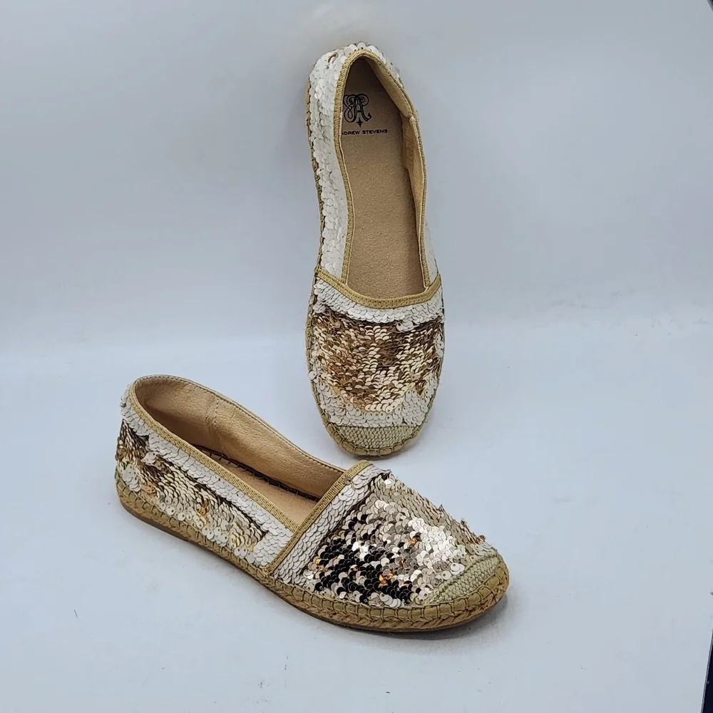 ANDREW STEVENS Chiara Leather Sequins Espadrilles Flats Gold And Cream 37 / 6.5